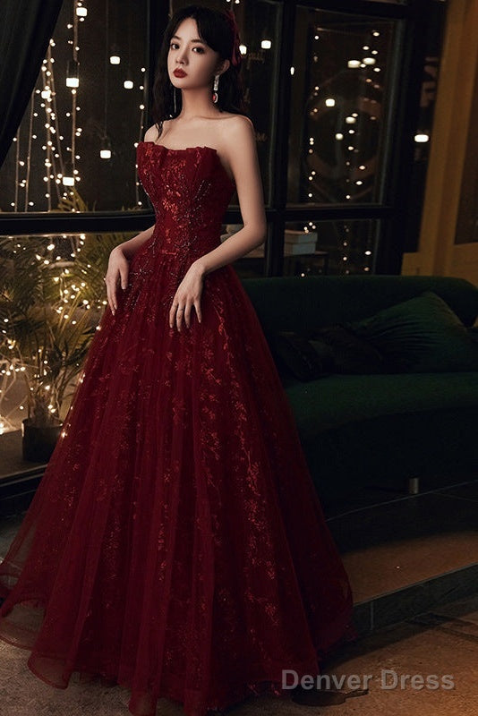 Wine Red Floral Lace And Tulle Long Evening Gown Party Dress, Burgundy Formal Dresses