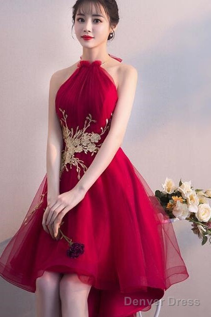 Wine Red Halter High Low Stylish Homecoming Dress, Red Prom Dress, Pretty Prom Dresses Secondary image