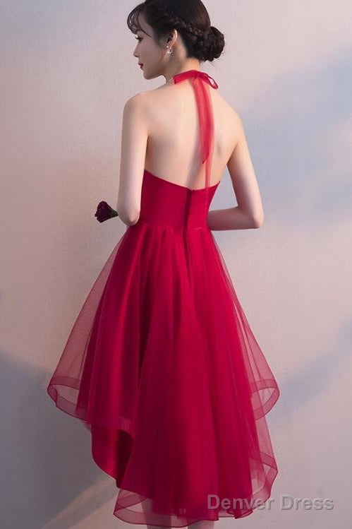 Wine Red Halter High Low Stylish Homecoming Dresses, Red Formal Dress, Pretty Party Dress