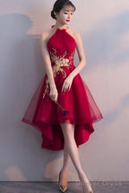 Wine Red Halter High Low Stylish Homecoming Dress, Red Prom Dress, Pretty Prom Dresses