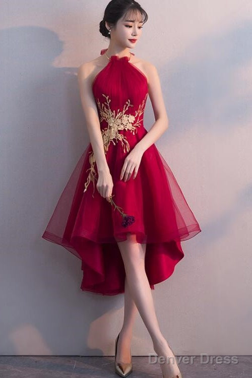 Wine Red Halter High Low Stylish Homecoming Dress, Red Prom Dress, Pretty Prom Dresses