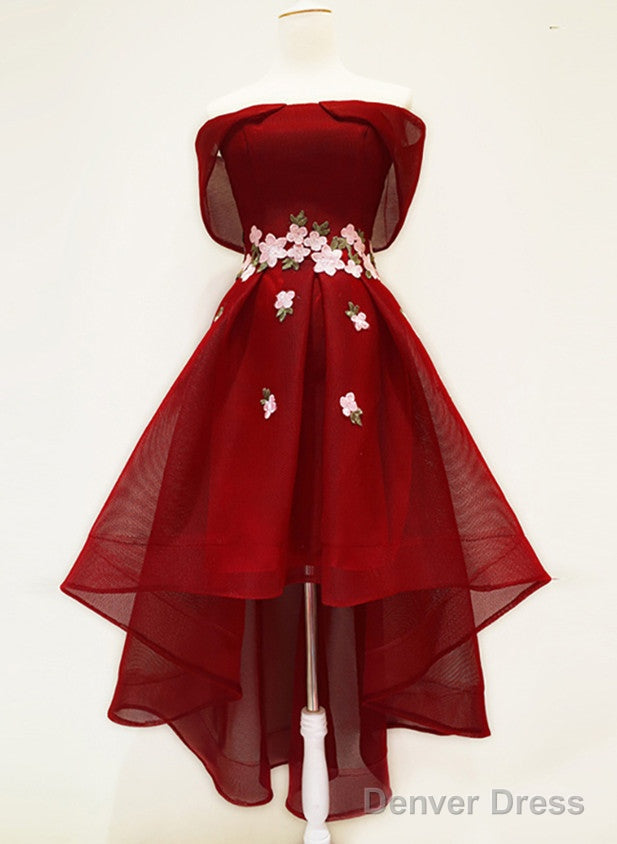 Wine Red High Low Off Shoulder Homecoming Dress, Dark Red Prom Dresses