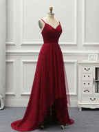 Wine Red High Low Sweetheart Simple Tulle Prom Dress, High Low Homecoming Dresses