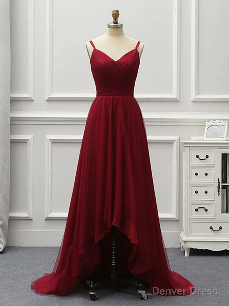 Wine Red High Low Sweetheart Simple Tulle Prom Dress, High Low Homecoming Dresses