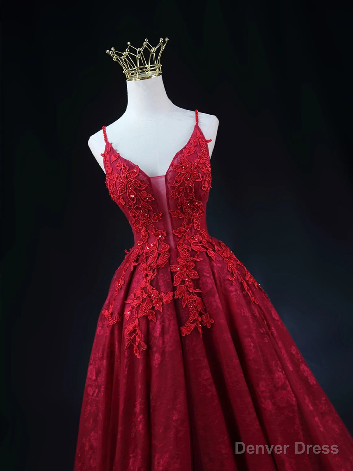 Wine Red Lace Applique Straps V Neckline Prom Dress, Floor Length Wine Red Prom Dresses