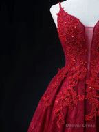 Wine Red Lace Applique Straps V Neckline Prom Dress, Floor Length Wine Red Prom Dresses