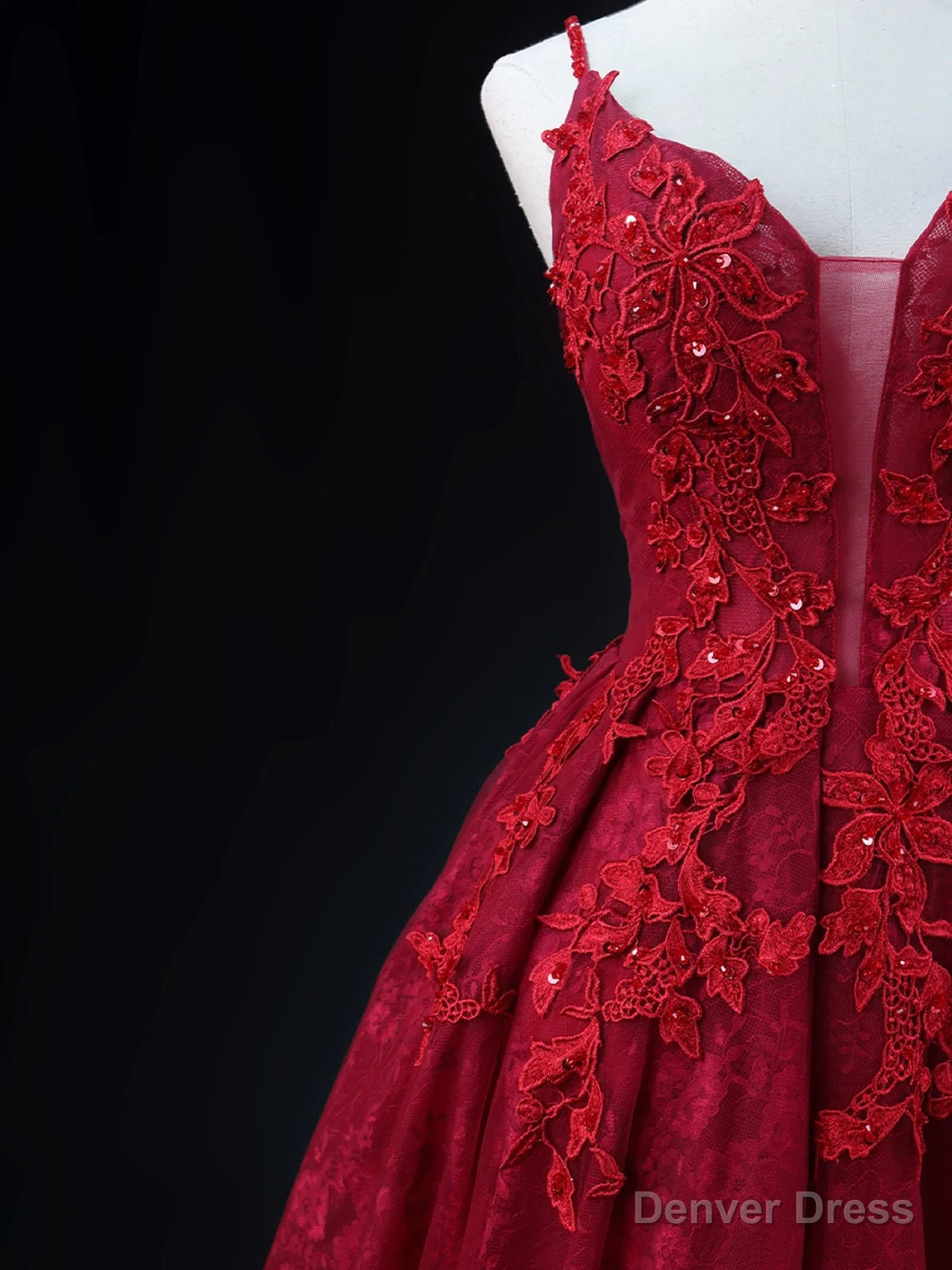 Wine Red Lace Applique Straps V Neckline Prom Dress, Floor Length Wine Red Prom Dresses