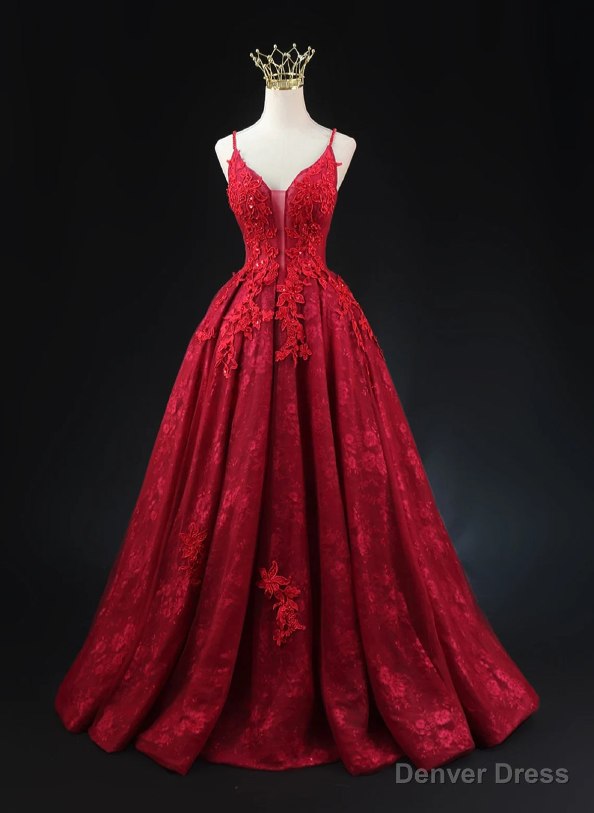 Wine Red Lace Applique Straps V Neckline Prom Dress, Floor Length Wine Red Prom Dresses