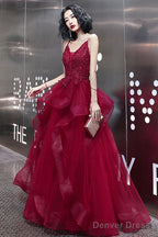 Wine Red Lace Applique V-Neckline Long Straps Formal Dress, Dark Red Prom Dresses