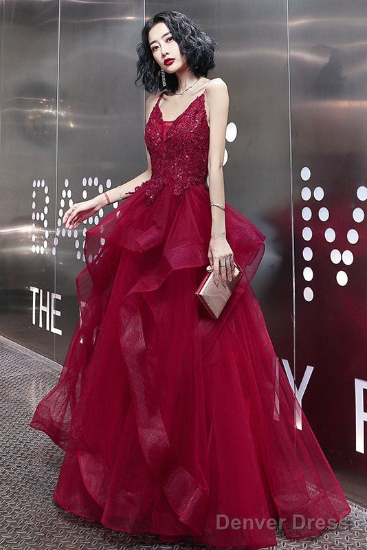 Wine Red Lace Applique V-Neckline Long Straps Formal Dress, Dark Red Prom Dresses