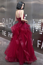 Wine Red Lace Applique V-Neckline Long Straps Formal Dress, Dark Red Prom Dresses