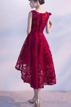 Wine Red Lace High Low Charming Formal Dress, Junior Party Dress, Cute Prom Dress