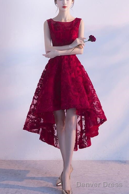 Wine Red Lace High Low Charming Formal Dress, Junior Party Dress, Cute Prom Dress