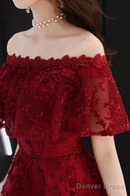 Wine Red Lace High Low Off Shoulder Party Dress, Dark Red Homecoming Dress