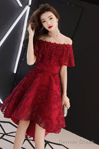 Wine Red Lace High Low Off Shoulder Party Dress, Dark Red Homecoming Dress