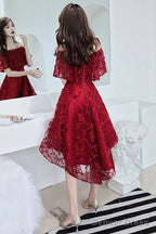 Wine Red Lace High Low Off Shoulder Party Dress, Dark Red Homecoming Dress