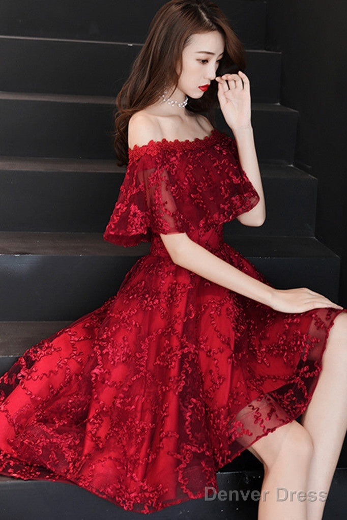 Wine Red Lace High Low Off Shoulder Prom Dress, Dark Red Homecoming Dresses