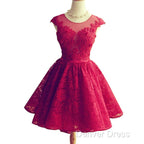 Wine Red Lace Knee Length Round Neckline Prom Dress, Cute Homecoming Dresses