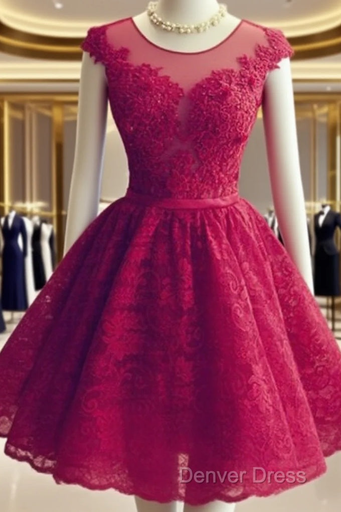 Wine Red Lace Knee Length Round Neckline Prom Dress, Cute Homecoming Dresses Main image