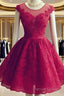Wine Red Lace Knee Length Round Neckline Prom Dress, Cute Homecoming Dresses