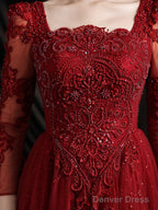 Wine Red Lace Long Sleeves Low Back Tulle Prom Dress, Wine Red Beaded Party Dress