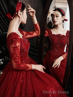 Wine Red Lace Long Sleeves Low Back Tulle Prom Dress, Wine Red Beaded Party Dress