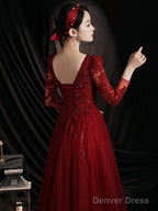 Wine Red Lace Long Sleeves Low Back Tulle Prom Dress, Wine Red Beaded Party Dress