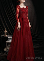 Wine Red Lace Long Sleeves Low Back Tulle Prom Dress, Wine Red Beaded Party Dress
