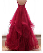 Wine Red Layers Tulle V-neckline Straps Formal Dress, Wine Red Evening Dress Party Dress