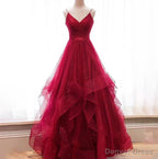 Wine Red Layers Tulle V-neckline Straps Formal Dress, Wine Red Evening Dress Party Dress