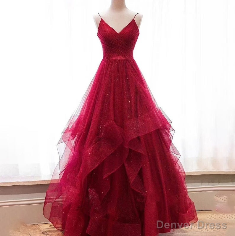 Wine Red Layers Tulle V-neckline Straps Formal Dress, Wine Red Evening Dress Party Dress