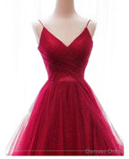 Wine Red Layers Tulle V Neckline Straps Prom Dress, Wine Red Prom Dress