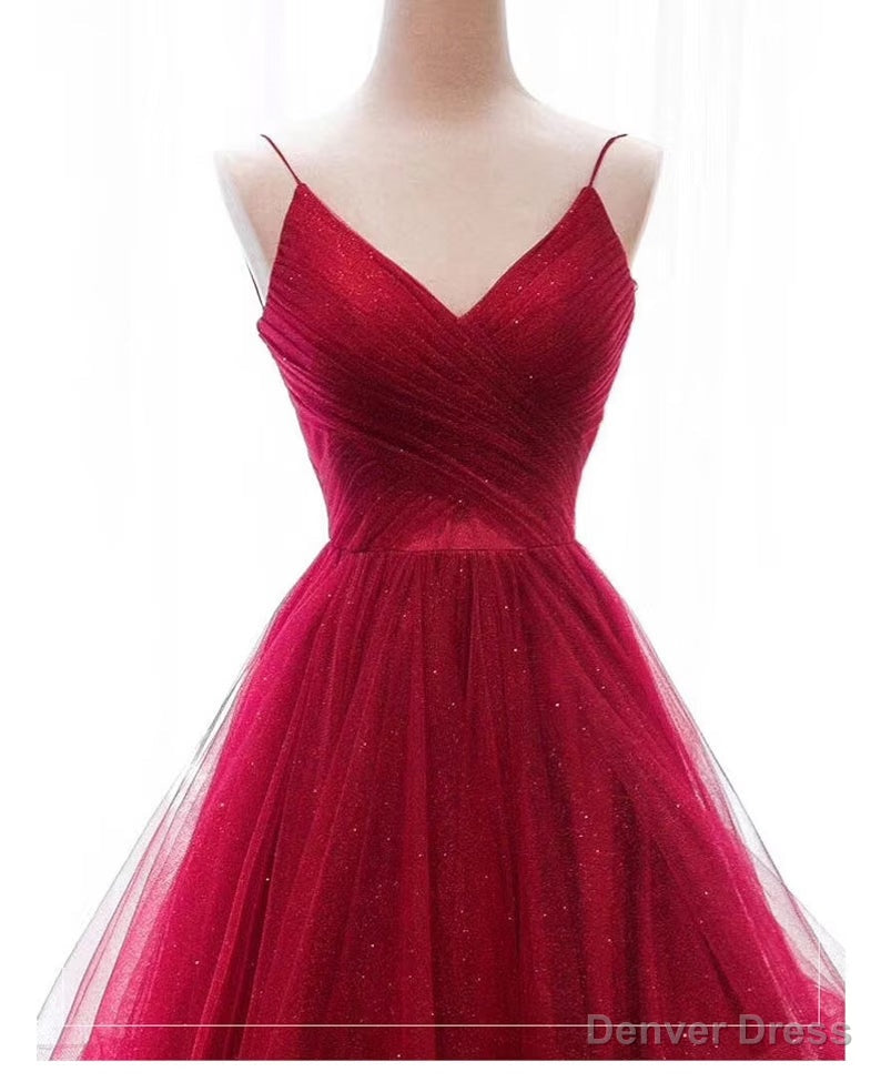Wine Red Layers Tulle V Neckline Straps Prom Dress, Wine Red Prom Dress