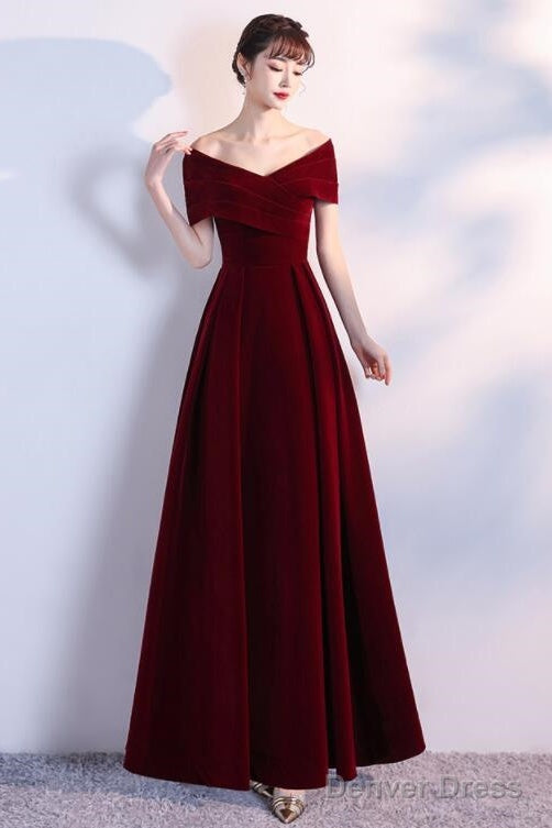 Wine Red Long Party Dress Velvet Evening Dress, A-Line Off Shoulder Prom Dress Main image