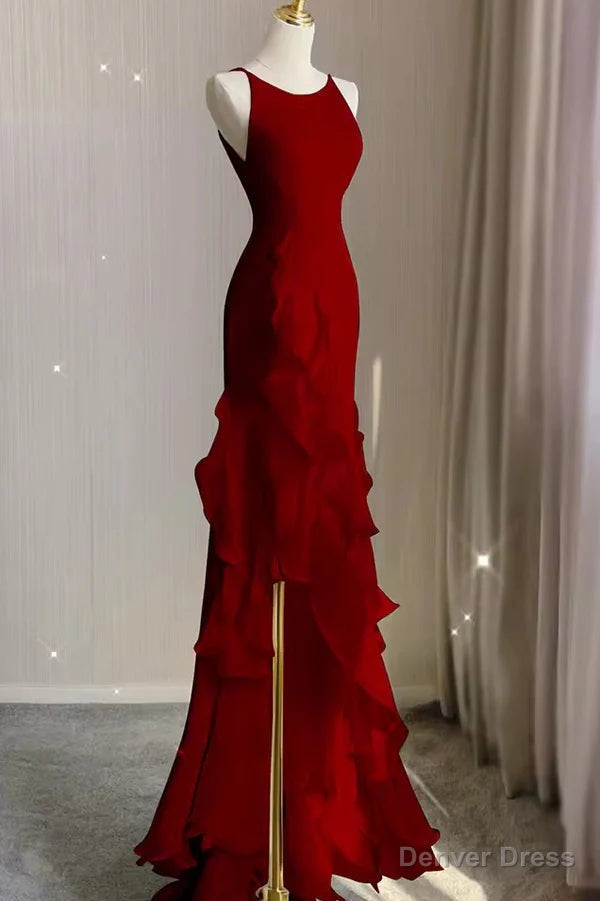Wine Red Long Round Neckline Low Back, Wine Red Prom Dress Secondary image
