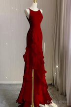 Wine Red Long Round Neckline Low Back, Wine Red Prom Dress
