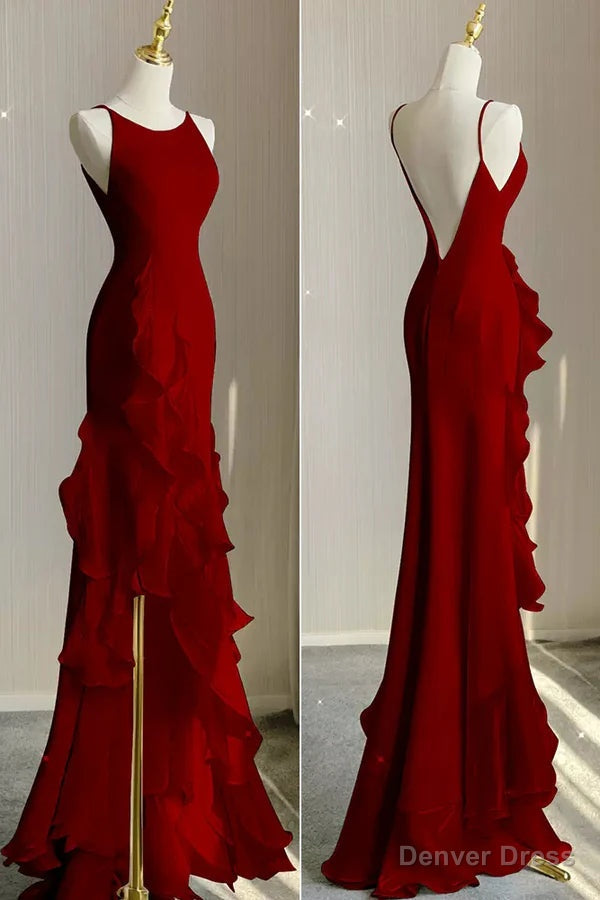 Wine Red Long Round Neckline Low Back, Wine Red Prom Dress