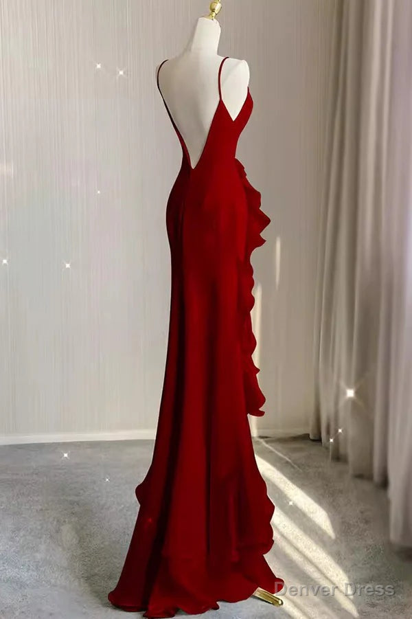 Wine Red Long Round Neckline Low Back, Wine Red Prom Dress