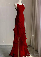 Wine Red Long Round Neckline Low Back, Wine Red Prom Dress