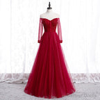 Wine Red Long Sleeves Beaded Tulle Prom Gowns, A Line Wine Red Long Prom Dresses