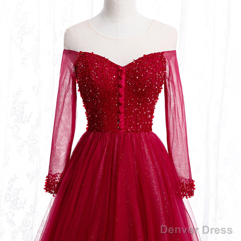 Wine Red Long Sleeves Beaded Tulle Evening Gown, A-line Wine Red Long Prom Dress