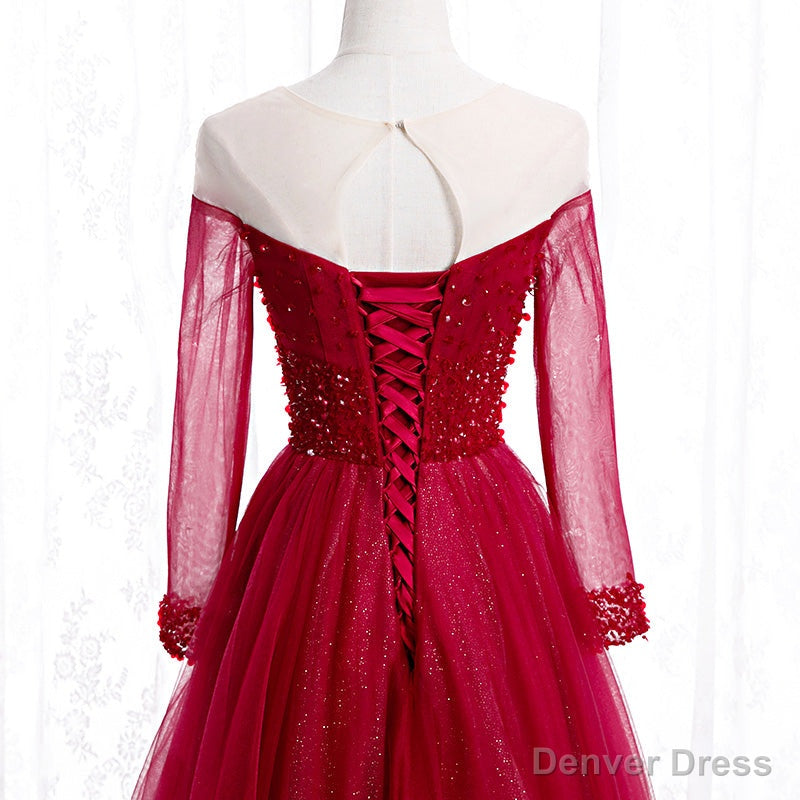 Wine Red Long Sleeves Beaded Tulle Evening Gown, A-line Wine Red Long Prom Dress