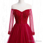 Wine Red Long Sleeves Beaded Tulle Evening Gown A-line Wine Red Long Prom Dress prom dresses shops