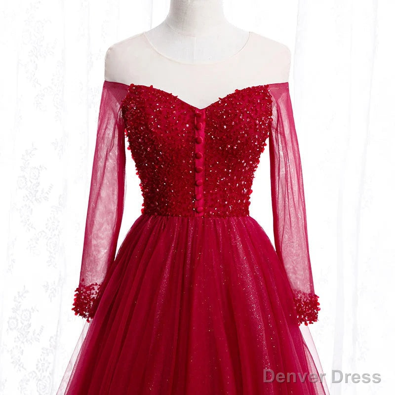 Wine Red Long Sleeves Beaded Tulle Evening Gown A-line Wine Red Long Prom Dress prom dresses shops
