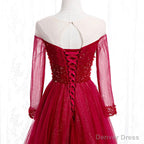 Wine Red Long Sleeves Beaded Tulle Evening Gown A-line Wine Red Long Prom Dress prom dresses shops