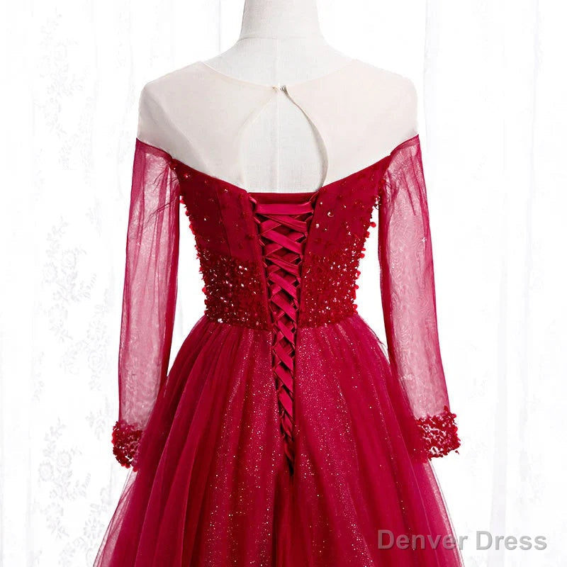 Wine Red Long Sleeves Beaded Tulle Evening Gown A-line Wine Red Long Prom Dress prom dresses shops