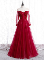 Wine Red Long Sleeves Beaded Tulle Prom Gowns, A Line Wine Red Long Prom Dresses