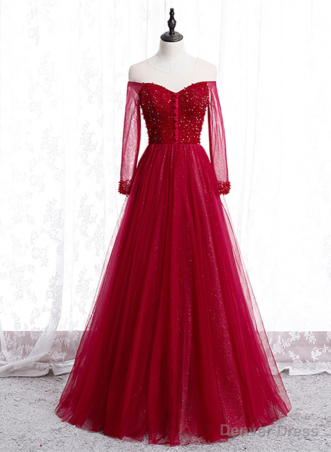 Wine Red Long Sleeves Beaded Tulle Prom Gowns, A Line Wine Red Long Prom Dresses