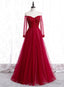 Wine Red Long Sleeves Beaded Tulle Prom Gowns, A Line Wine Red Long Prom Dresses