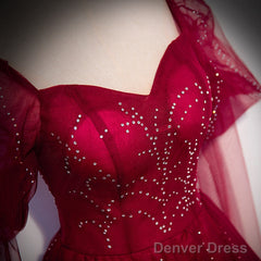 Wine Red Long Sleeves Tulle Evening Gown Prom Dress, Dark Red Beaded Party Dresses